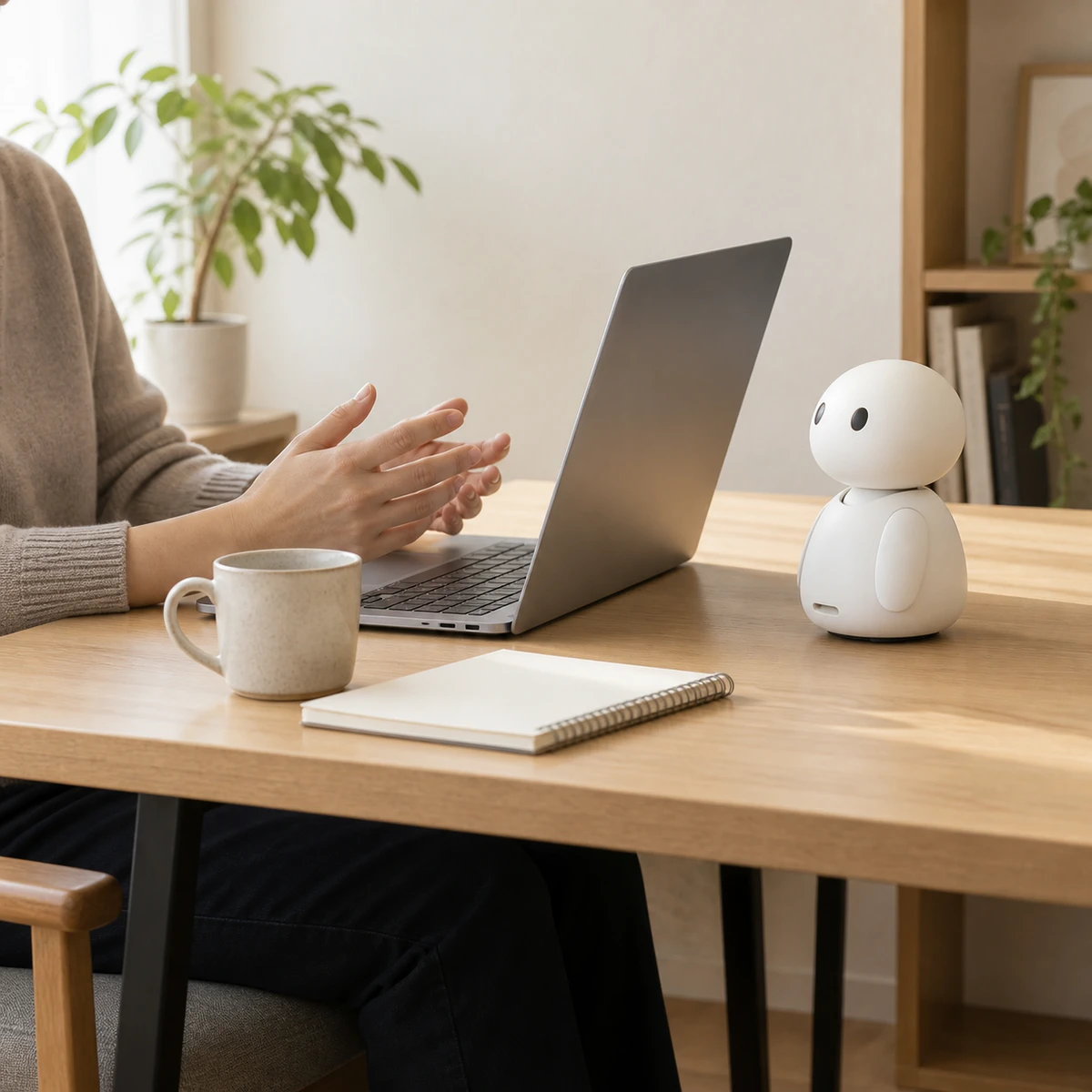 人と AI が向かい合って話している様子